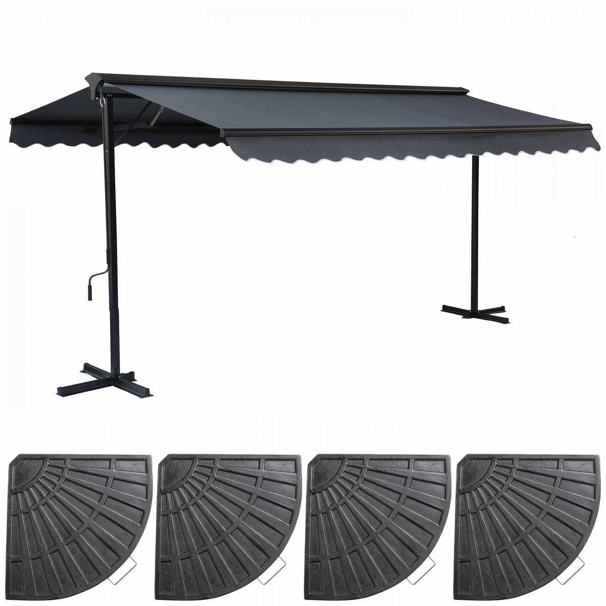 DOPPELSCHRÄGMARKISE 3x4m mit 4 Gewichtsplatten, Grau - Grau, Metall (300/250/400cm) - Oviala