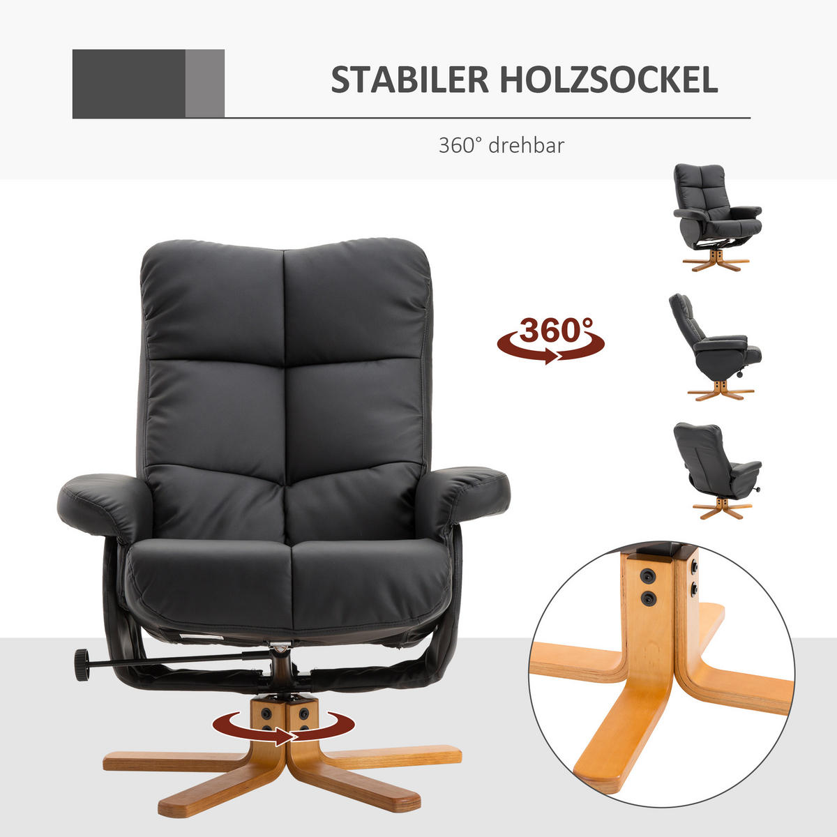 RELAXSESSEL mit Hocker Fernsehsessel 360° drehbar Liegefunktion Holz Schwarz - Schwarz, Holz (86/99/80cm) - HOMCOM