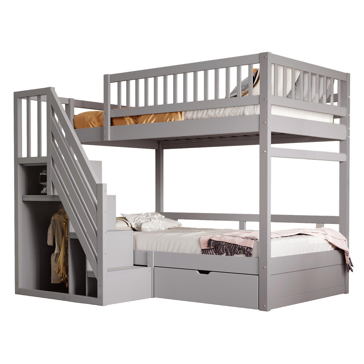 KINDERBETT aus Massivholz 90x200 cm in Grau mit Stauraum & Lattenrosten - Grau, Holz (90/200cm) - Modfu