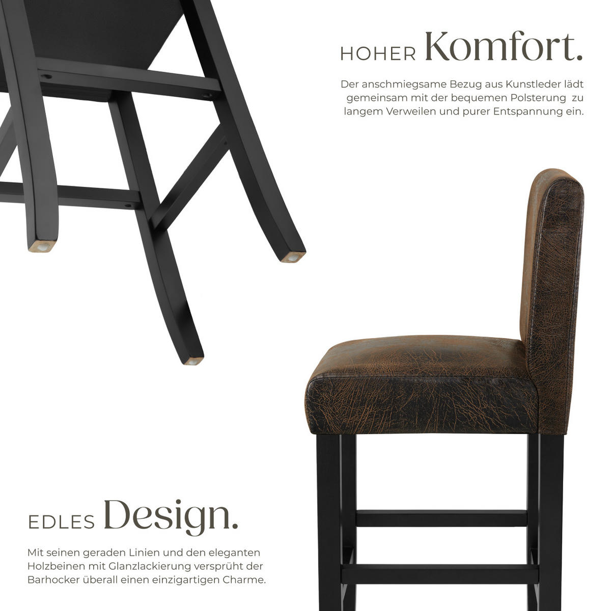 BARHOCKER 6er Set Kunstleder, Sitzhöhe 76 cm,antikbraun - Anthrazit/Braun, Holz (40/107/41cm) - tectake