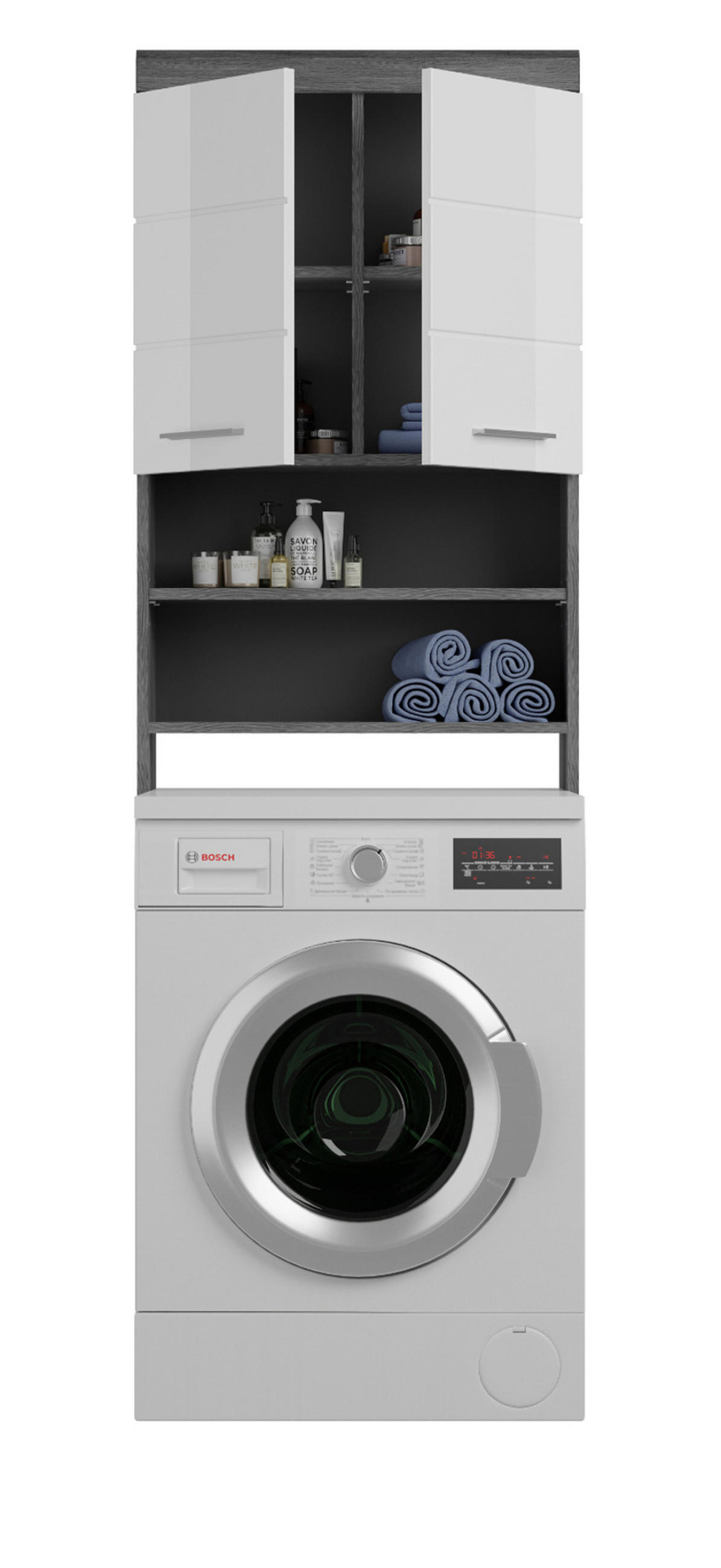 WASCHMASCHINENSCHRANK weiß Hochglanz, grau 63 cm, 6 Fächer - Chromfarben/Weiß Hochglanz, Holzwerkstoff/Kunststoff (63/191/24cm) - Inn.Furn