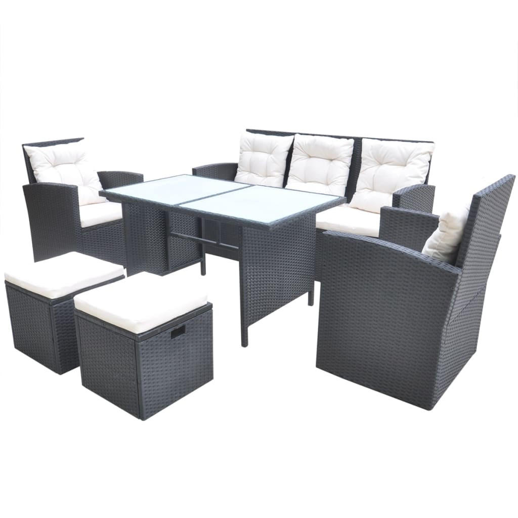 GARTEN-ESSGRUPPE 6-TLG MIT AUFLAGEN POLY RATTAN SCHWARZ - Creme/Schwarz, Naturmaterialien/Textil - vidaXL