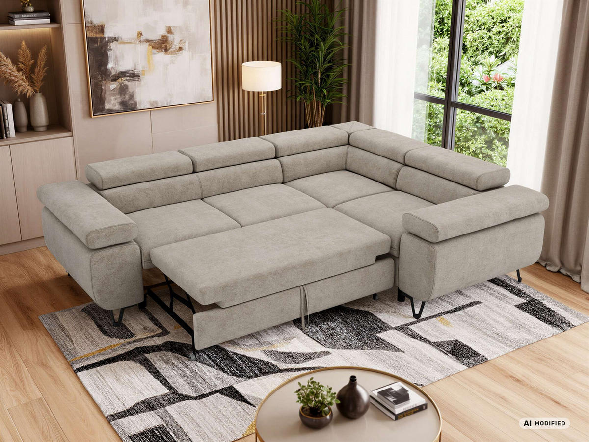 ECKSOFA FALCO L - Greige Stukture - Rechts Seite - Greige/Schwarz, Textil/Metall (268/197cm) - MKS