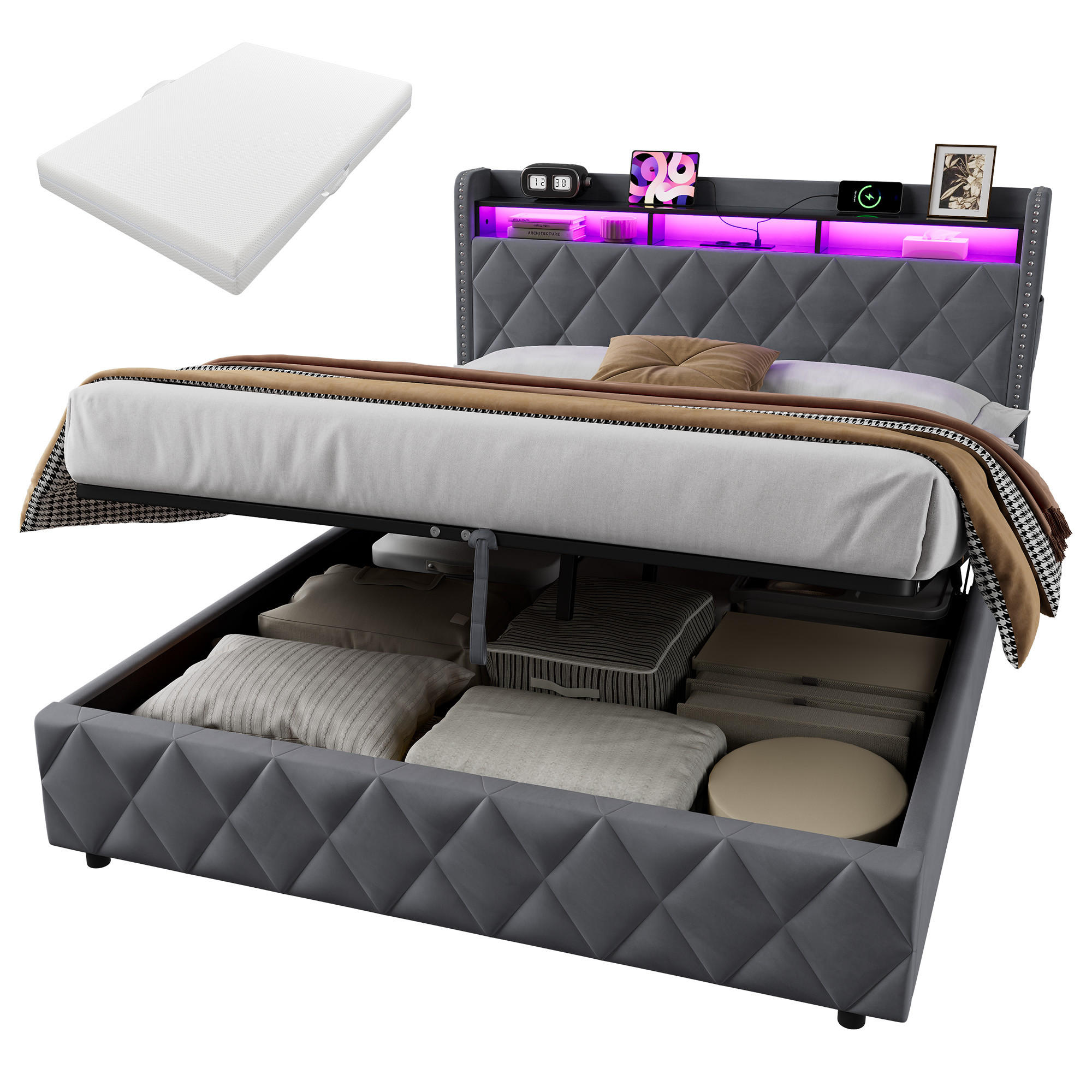 POLSTERBETT 160×200 mit LED-Beleuchtung, Bettkasten und Matratze - Grau, Holzwerkstoff/Textil (160/200cm) - EVRYAE