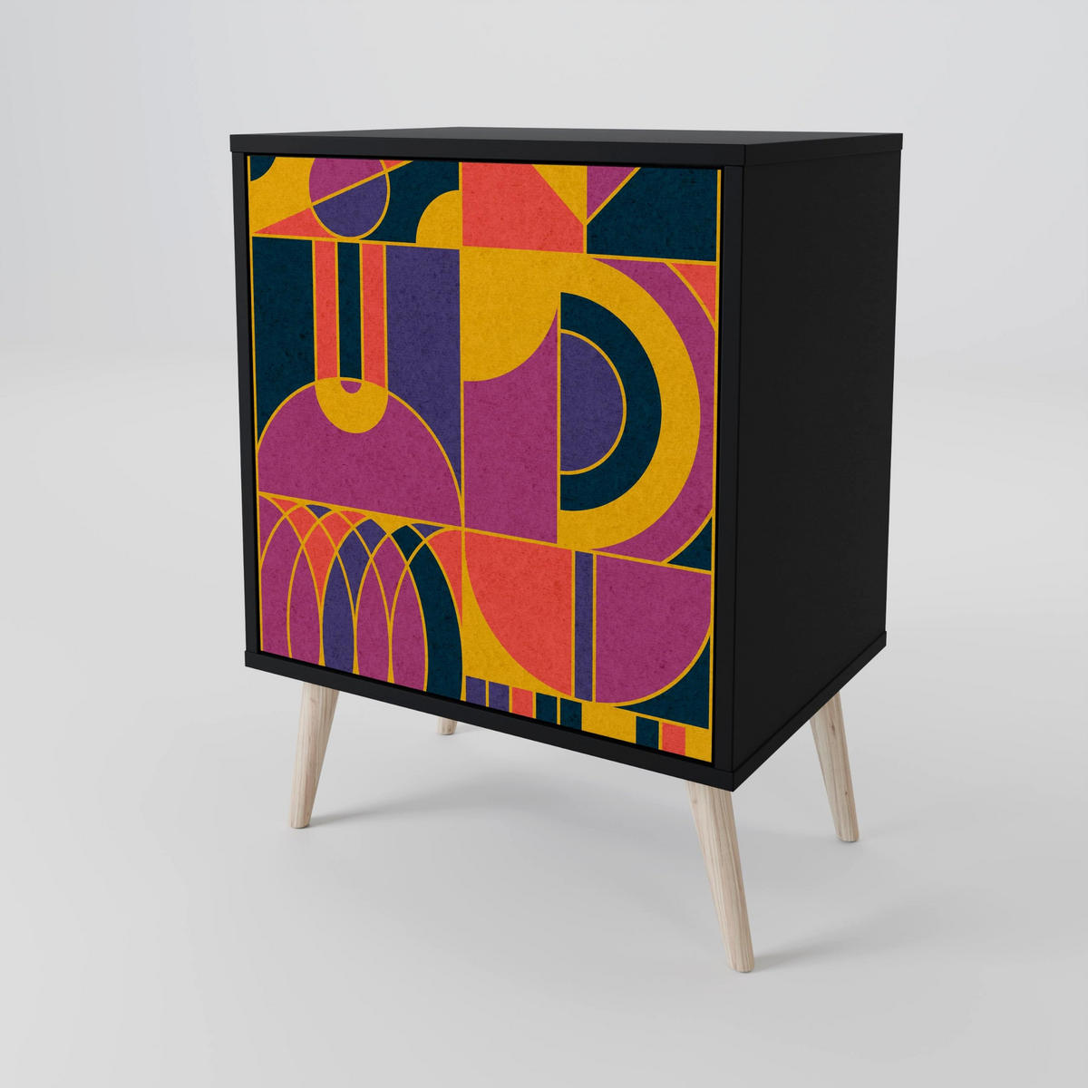 SIDEBOARD ELECTRIC PATTERNS, Schwarz, 57,5x42x70,5 cm, Schwarze Metall-Sternfüße - Multicolor/Schwarz, Holzwerkstoff/Metall (57.5/70.5/42cm) - SpaceRebels