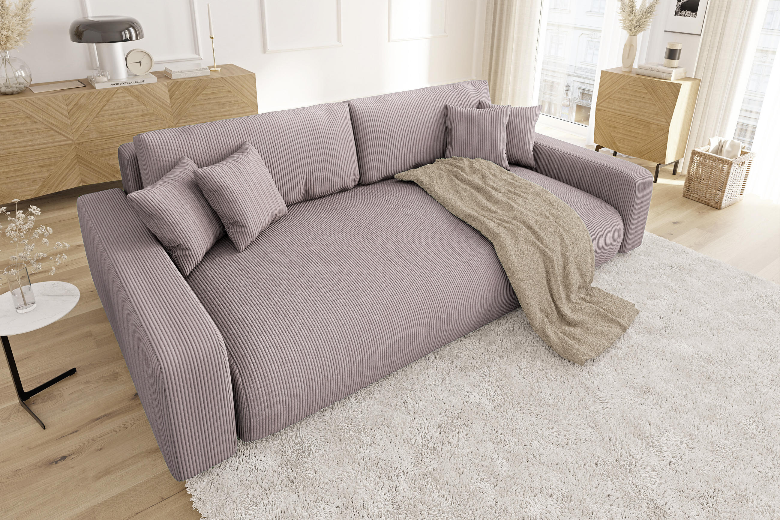 BIGSOFA Emma Puderrosa Cord - Pink/Schwarz, Holz/Kunststoff (234/78/122cm) - S-Style Möbel