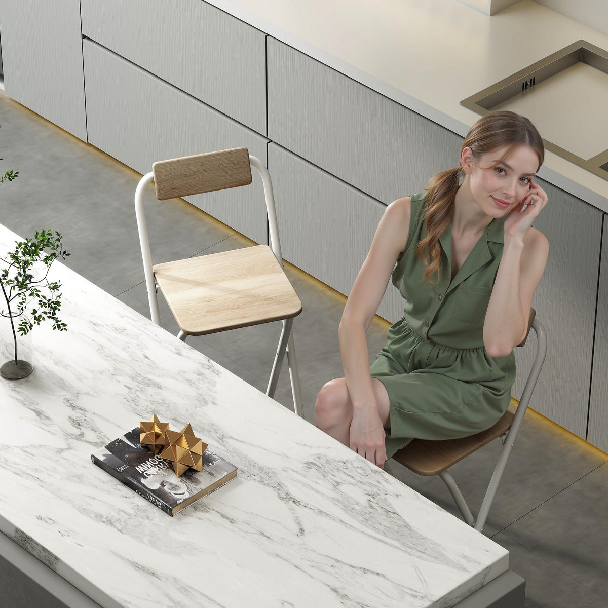 BARHOCKER 2er-Set DE-14766 klappbar mit Rückenlehne und Fußstütze Holzoptik - Naturfarben, Metall (37/87/45cm) - ComfortXL