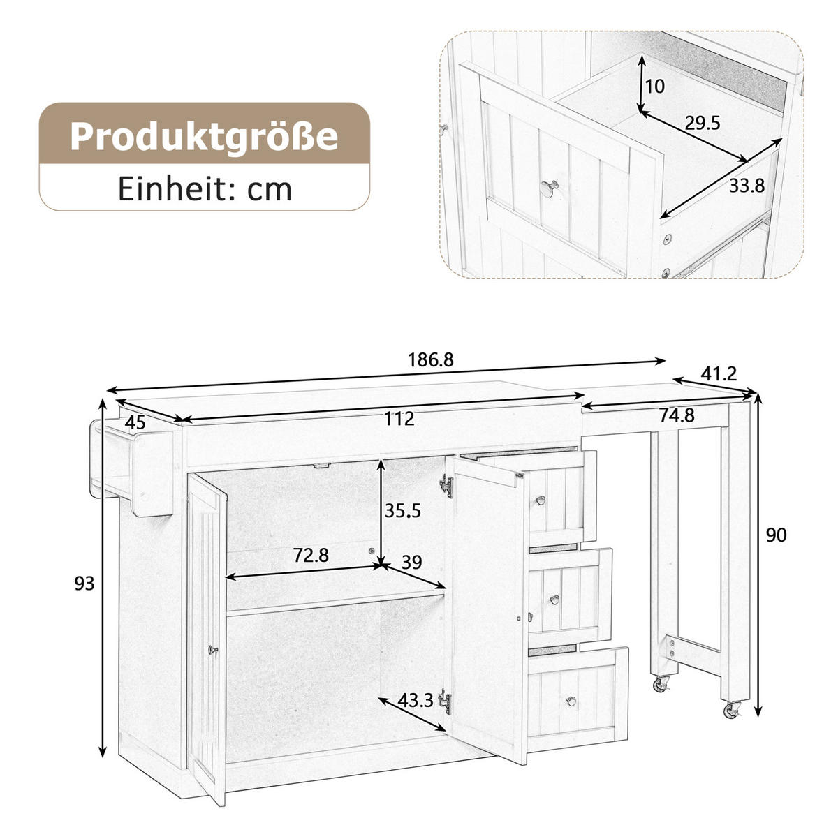 KÜCHENINSEL aus MDF 130x45x93 cm Grau mit ausziehbarer Arbeitsplatte, Rollen, 3 Schubladen und Gewürzregal - Grau, Holzwerkstoff (130/93/45cm) - Modfu