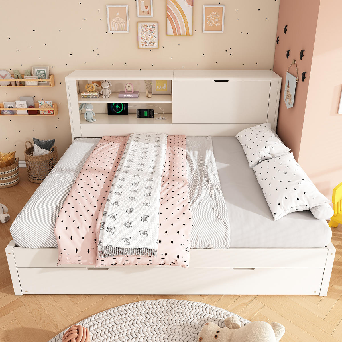 POLSTERBETT 140/190 cm mit Ausziehbett 90/190 cm, USB-Ladestation und Stauraum-Rückwand, Weiß - Weiß, Textil (140/190cm) - Redom