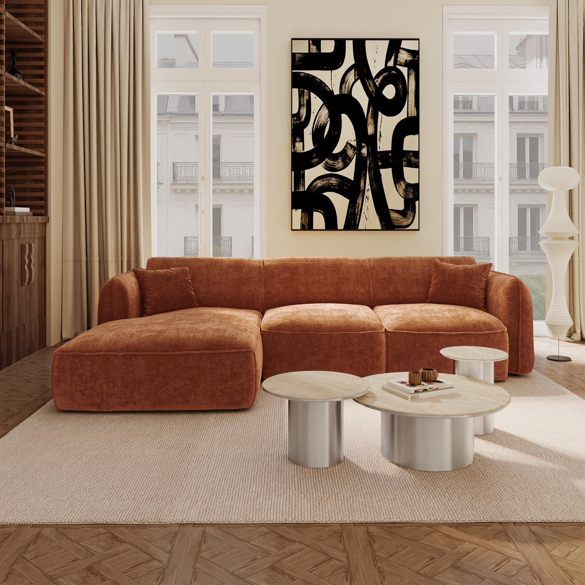 ECKSOFA (links) LOMI Geprägter Samt Terrakotta 272cm - Dunkelorange/Terracotta, Textil (272/90cm) - Premium Interiors
