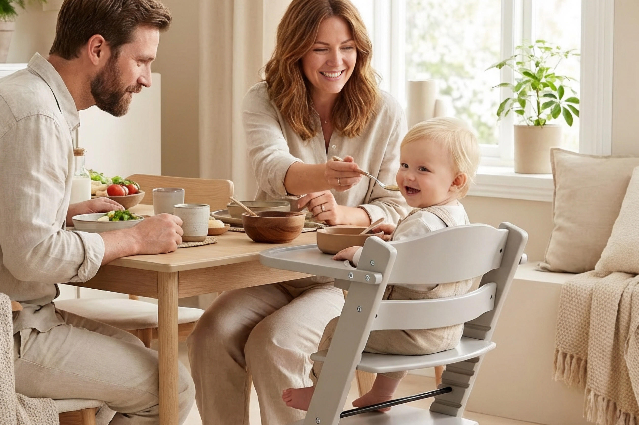 Familie mit zwei Erwachsenen und einem Kleinkind sitzt gemeinsam am Esstisch, das Kind sitzt im Hochstuhl und wird gefüttert.