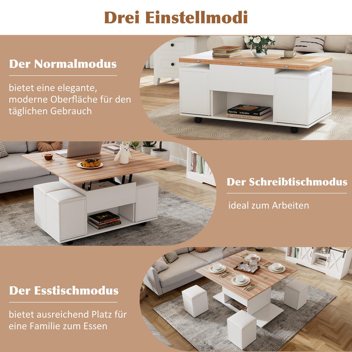 COUCHTISCH DE-37089 mit Lift-Top und 4 Hockern Weiß/Natur - Weiß, Holzwerkstoff (100/100/63.5cm) - ComfortXL
