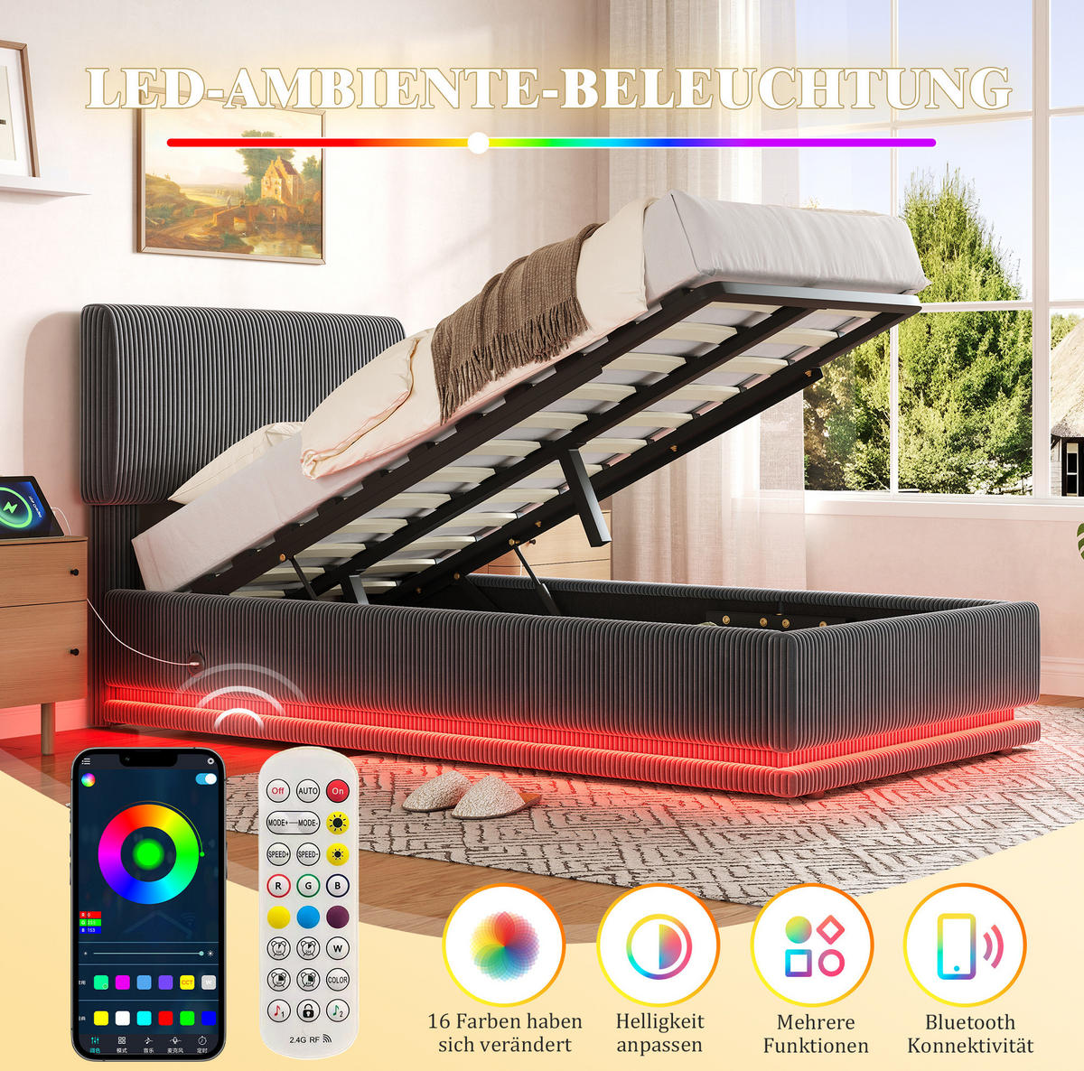 POLSTERBETT mit LED, USB-C und Stauraum 90x200 cm Cord Dunkelgrau - Dunkelgrau, Metall (90/200cm) - Meubliv