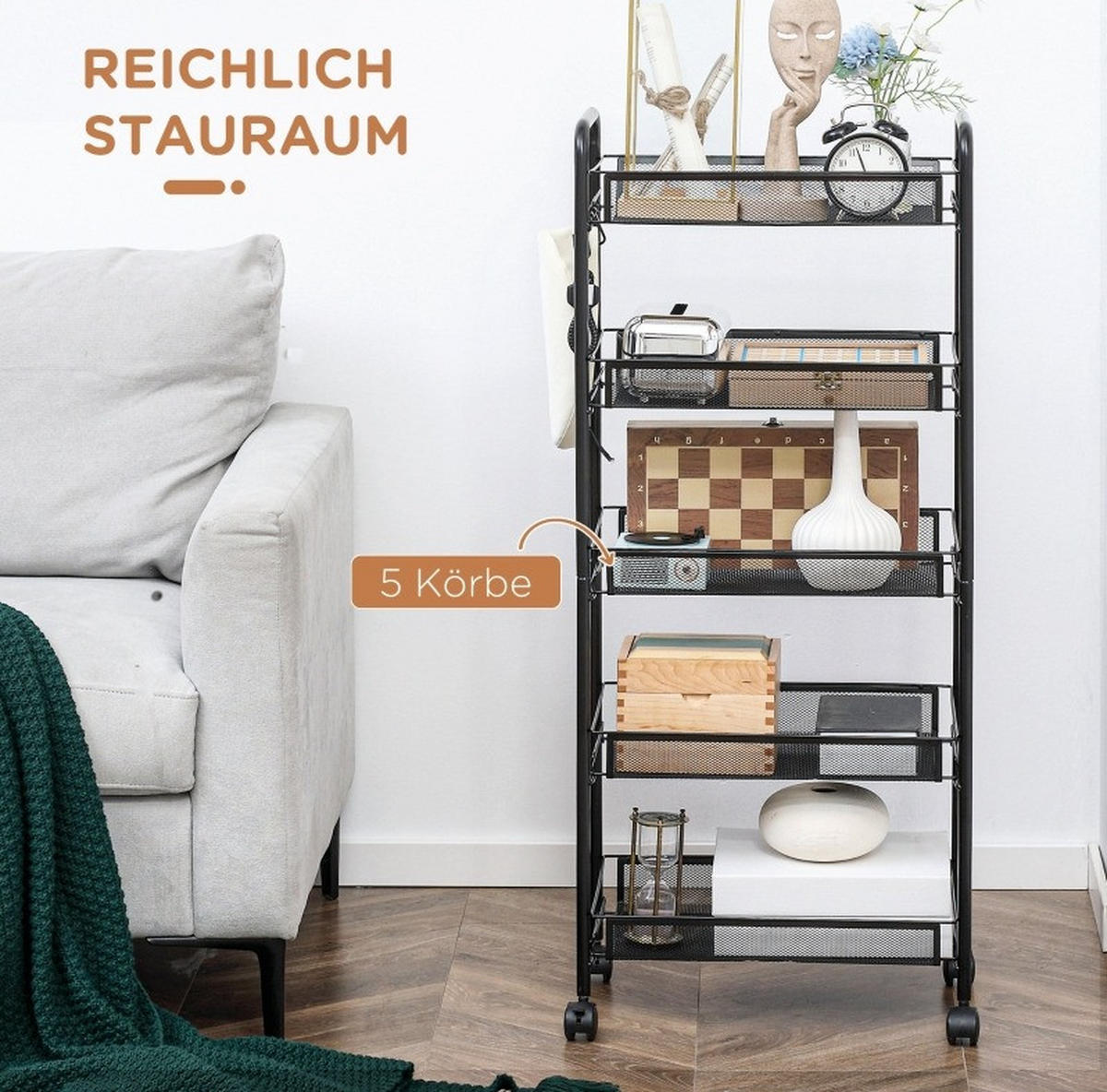 KÜCHENWOLLWAGEN 45x26.5x106cm Schwarz aus Stahl mit 5 Regalen, abnehmbaren Körben & 4 Rollen - Schwarz, Metall (26.5/106/45cm) - Modfu