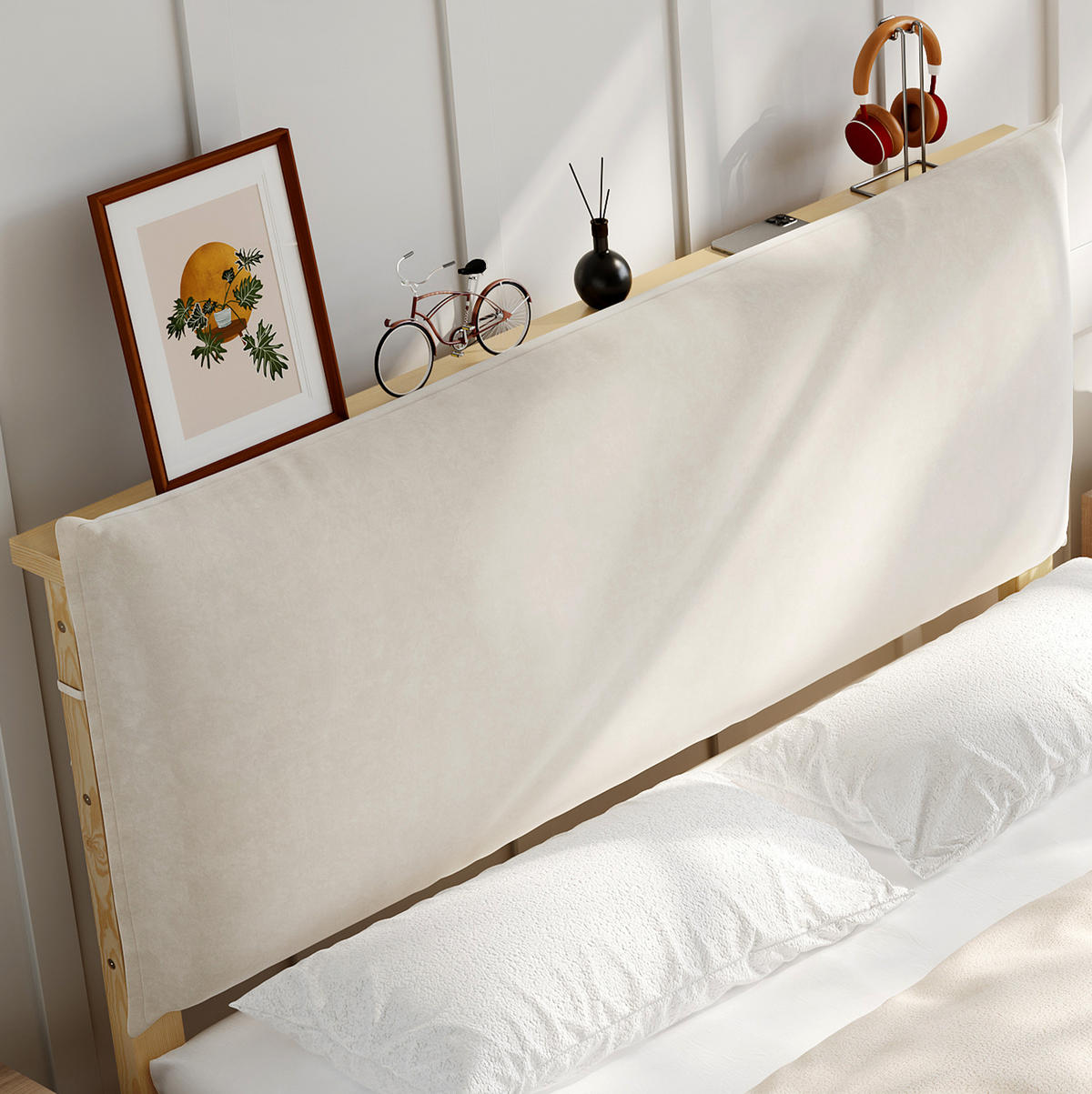 ČALÚNENÁ posteľ z dreva a látky 140x200 cm prírodná s polstrovaným čelom, pevnými lamelovými roštami a stabilnou konštrukciou - prírodná farba, textil (140/200cm) - Modfu