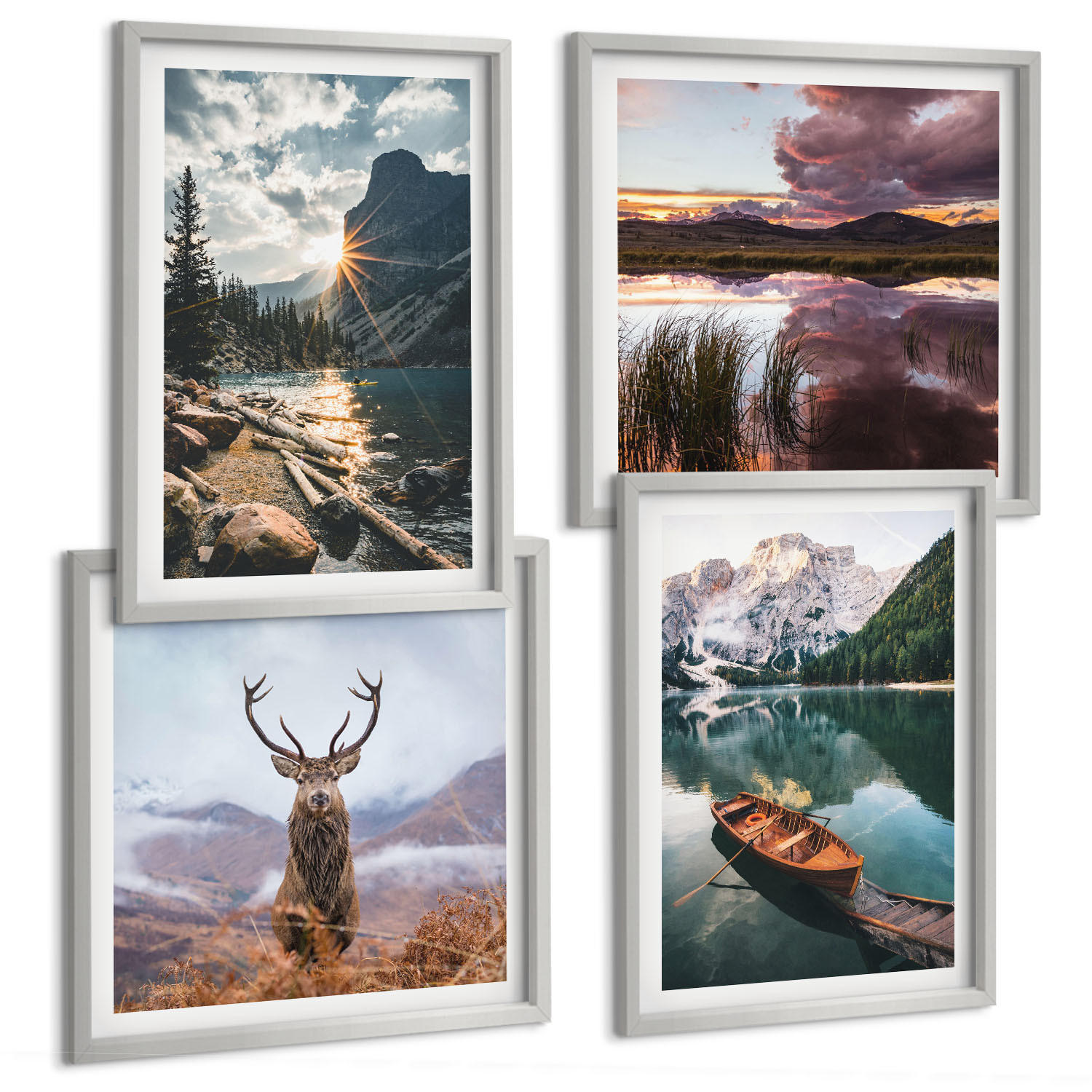BILDER SET 4er Set - 50x50 cm & 40x60 cm Silberner Rahmen - Bergsee, Bootsfahrt, Sonnenuntergang, Hirsche - Silberfarben, Kunststoff (50/50cm) - TULUP