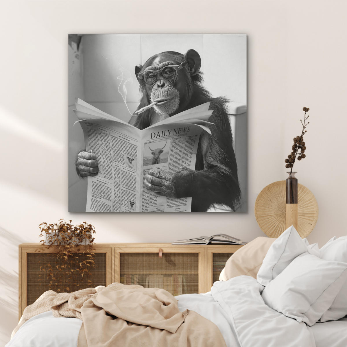 AKUSTIKPANEEL Affe - WC - Zeitung - Schwarz-Weiß - Humor 90x90 cm - Hellgrau, Textil (90/0.9/90cm) - MuchoWow