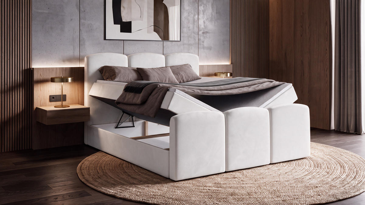 BOXBETT SAVIO 180x200 cm mit Bettkasten, Bonell-Matratze H3 und Topper – Samt Weiß - Weiß, Textil (180/200cm) - Luxkor24