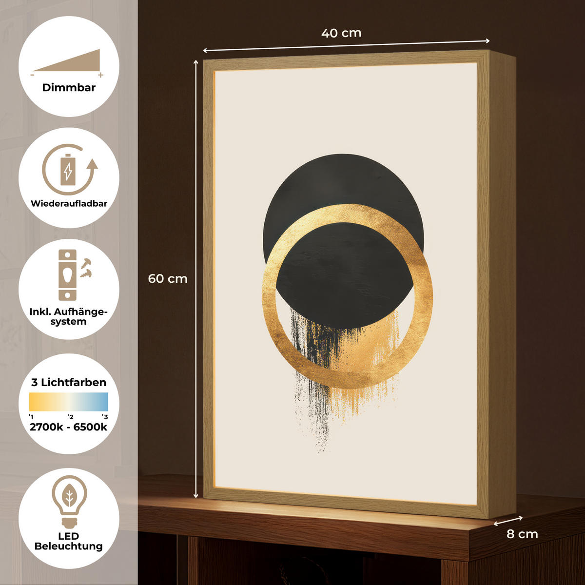 WANDLEUCHTE MIT AKKU Abstraktes Design - Schwarzer Kreis - Farbflecken 40x60 cm - Creme, Holzwerkstoff (40/60/8cm) - OnlyWow