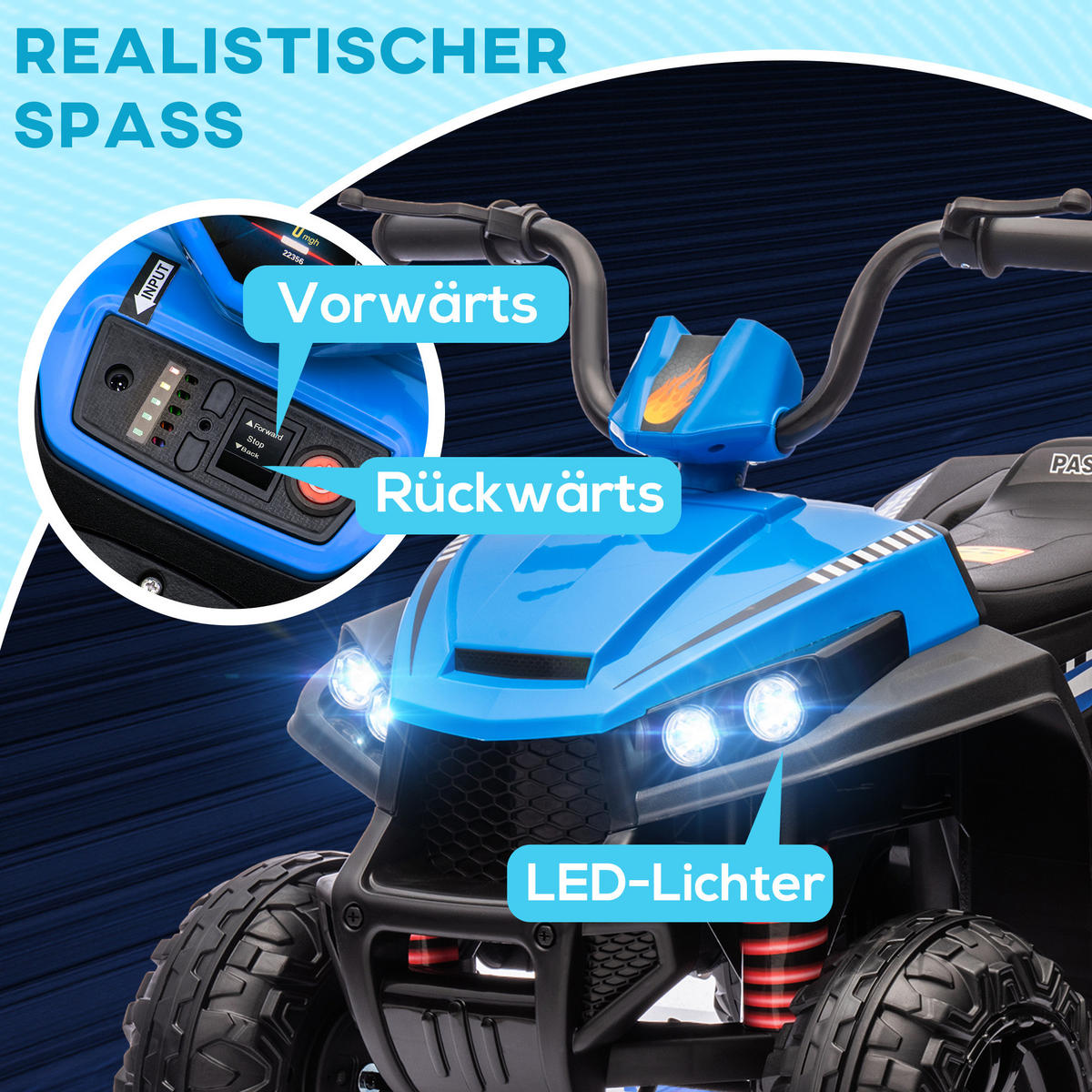 ELEKTRO Quad für Kinder 12V Kinderquad mit 4-Rad-Federung, MP3-Musikplayer - Blau, Metall (85/55.5/62cm) - AIYAPLAY