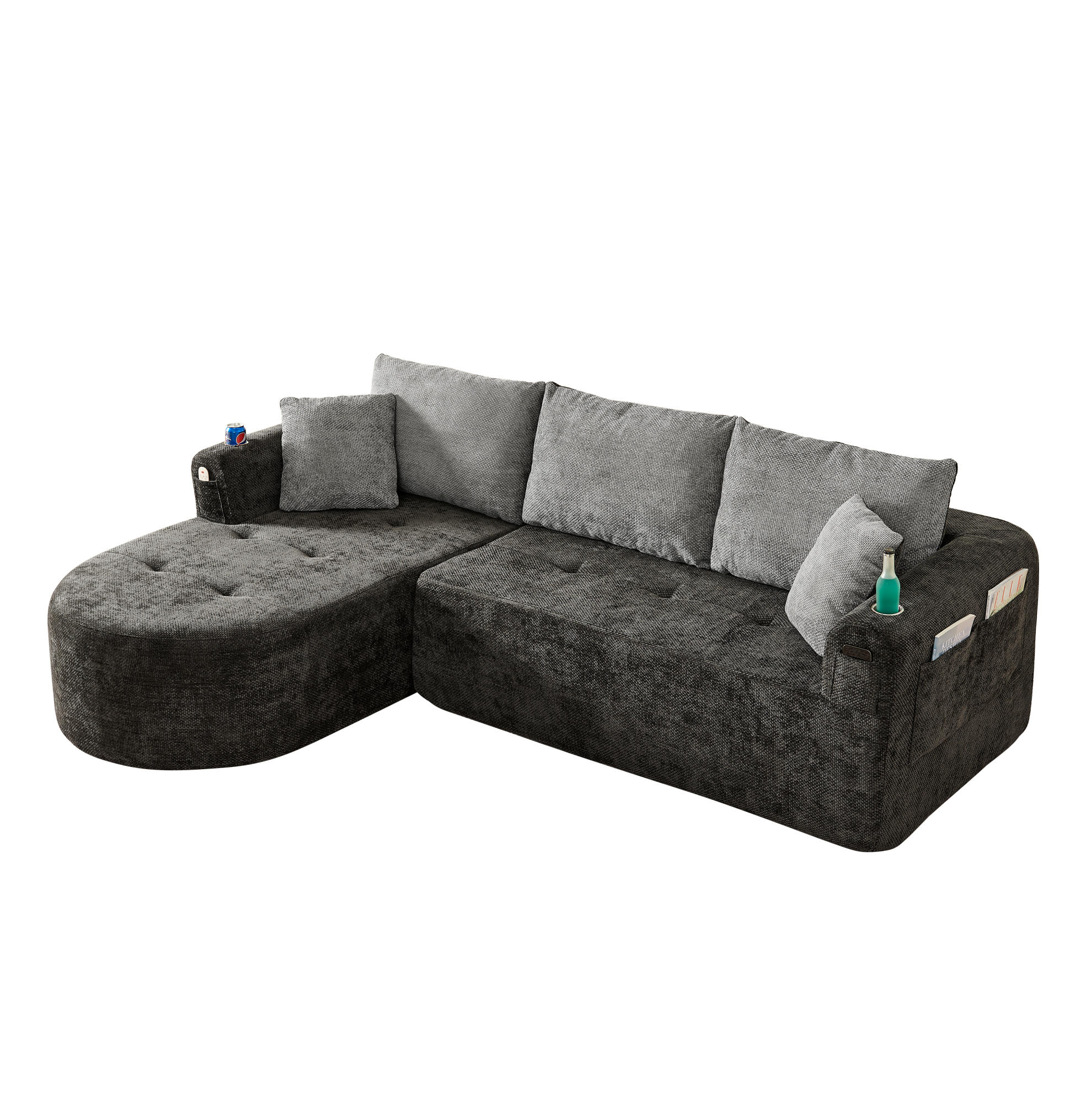 ECKSOFA L-Form montagefrei mit Edelstahl-Becherhalter, Seitentaschen und Leinenbezug, Schwarz - Schwarz, Textil (255/170cm) - Redom