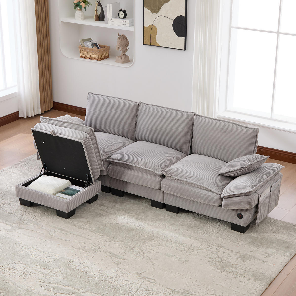3-SITZER SOFA Cord Hellgrau mit USB-C, Seitentaschen und Hocker - Hellgrau, Holzwerkstoff/Kunststoff (260/132cm) - WISHDOR