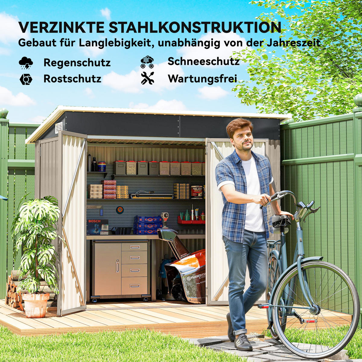 GERÄTEHAUS Verzinkter Stahl Hellgrau - Hellgrau, Metall (132/185/234cm) - Outsunny