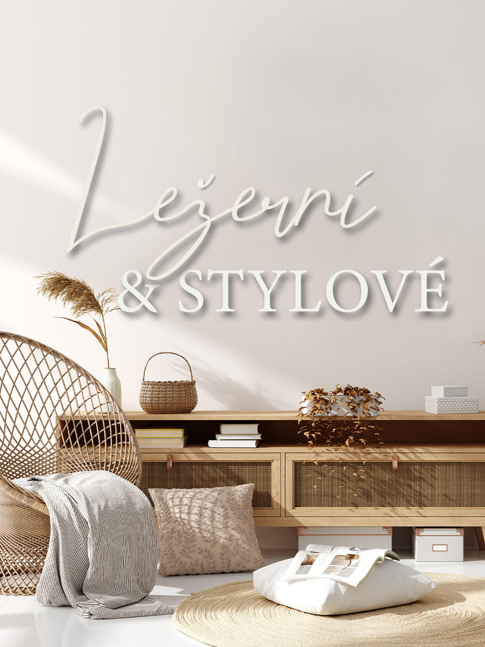 Komoda, křeslo a bytový textil v boho stylu