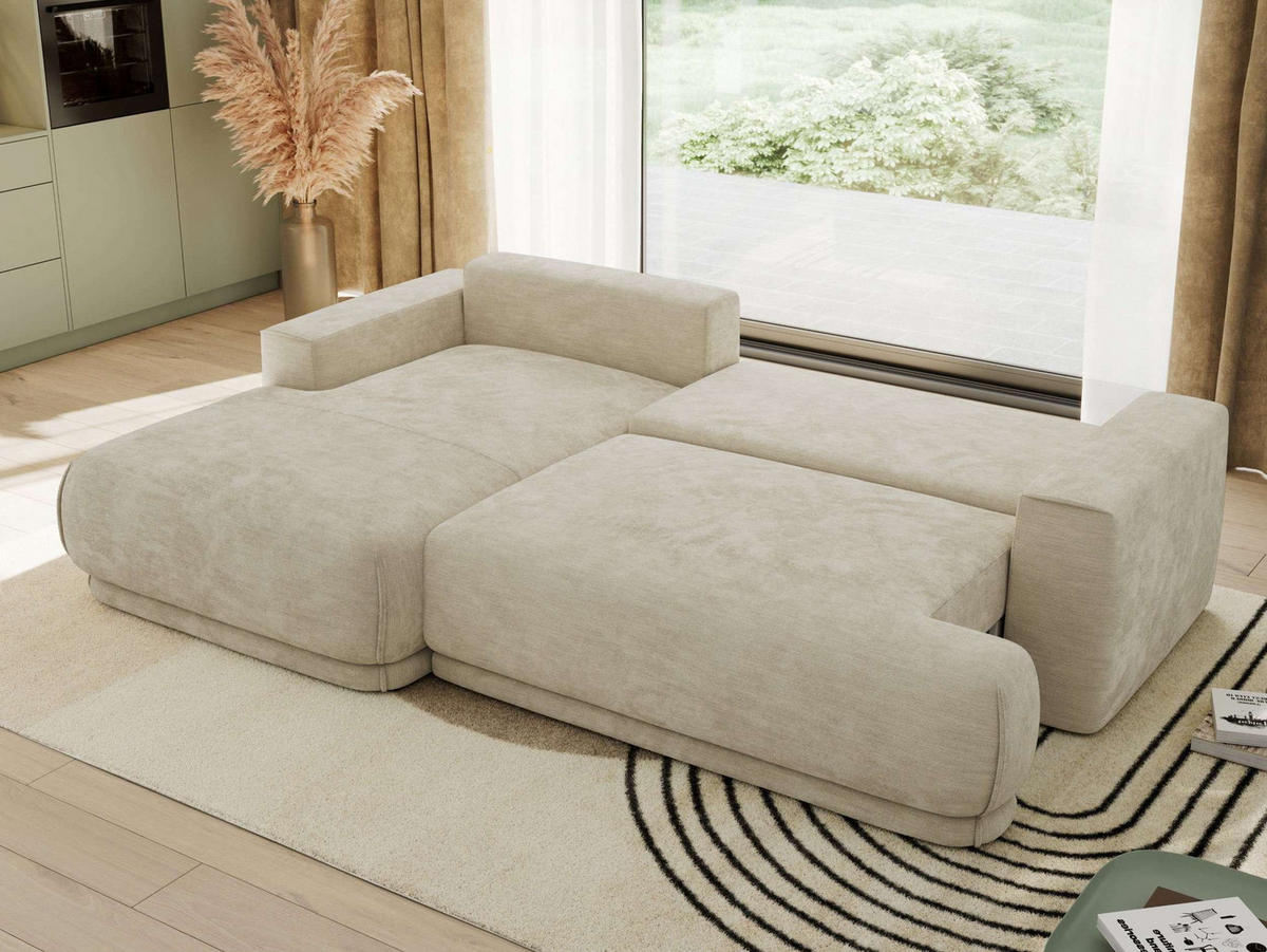 ECKSCHLAFSOFA RINA L Beige Schenille glatt - links - Beige/Schwarz, Kunststoff/Textil (267/170cm) - MKS