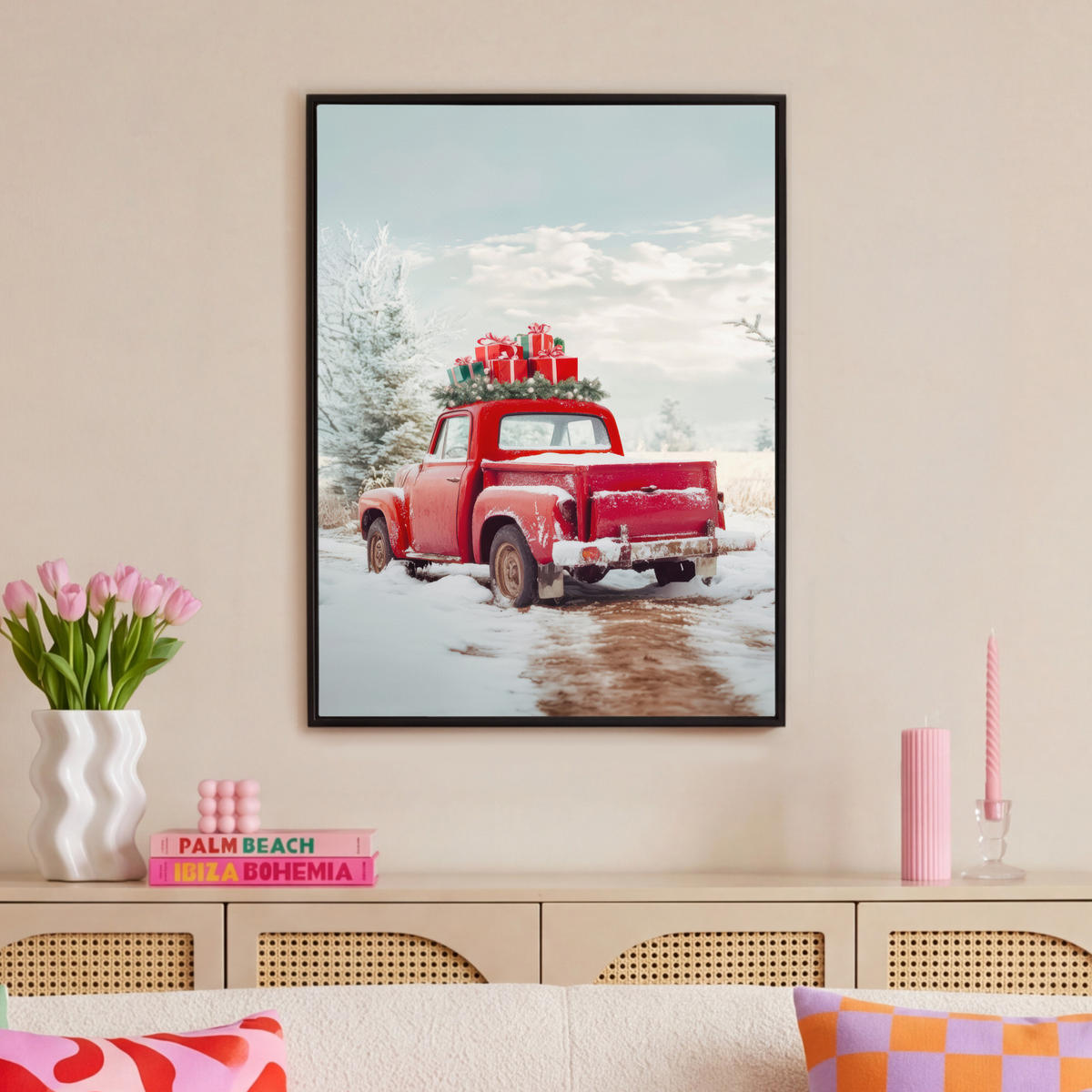 LEINWAND Bilder mit Rahmen - Auto - Rot - Geschenke - Winter - Schnee - Weihnachten - 70x100 - Rot, Textil (70/100cm) - MuchoWow