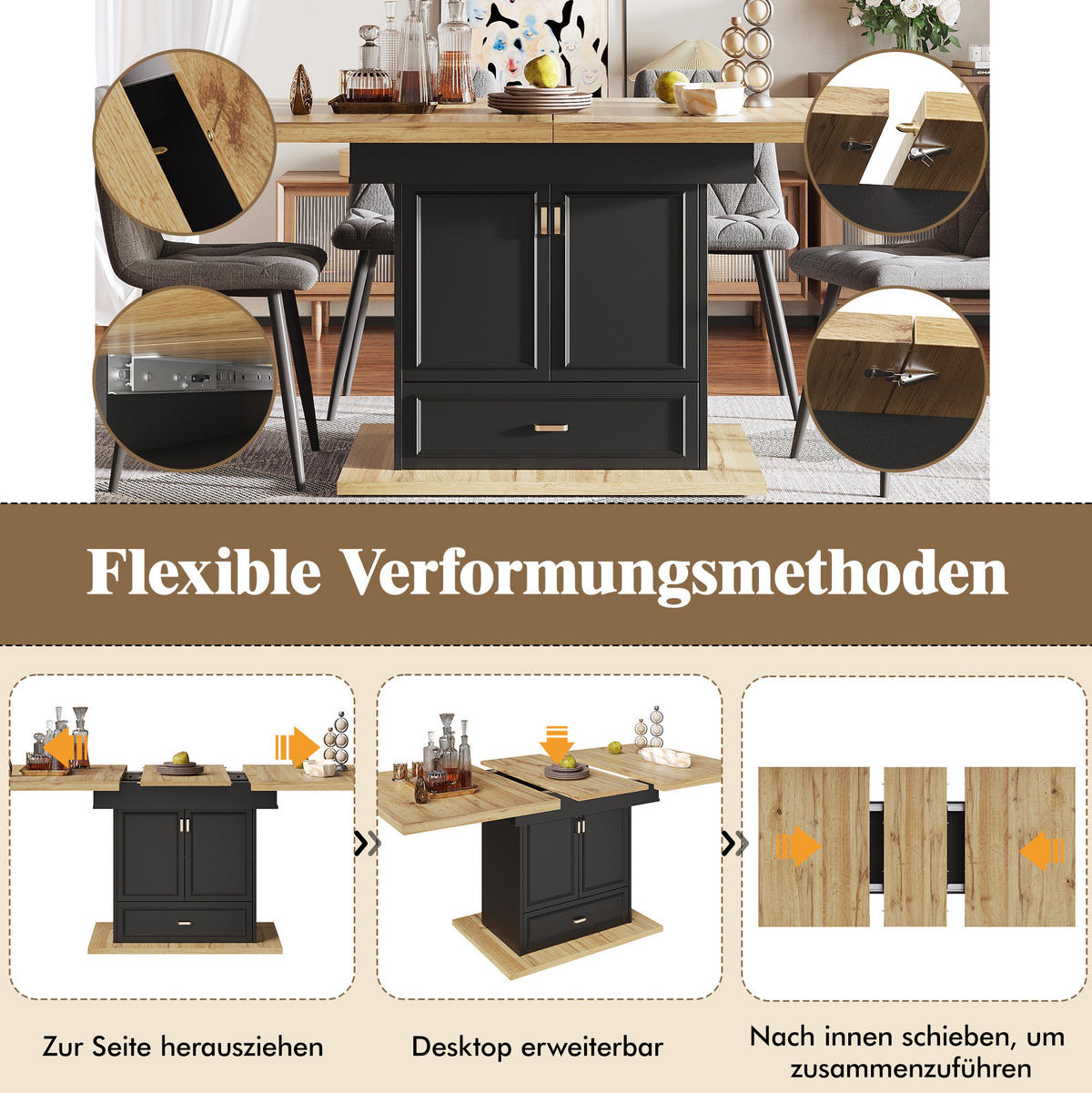 ESSTISCH aus MDF 110-140x80x75 cm Naturholz mit Ausziehfunktion, Stauraum und Holzmaserung - Naturfarben, Holzwerkstoff (110/80/75cm) - Modfu