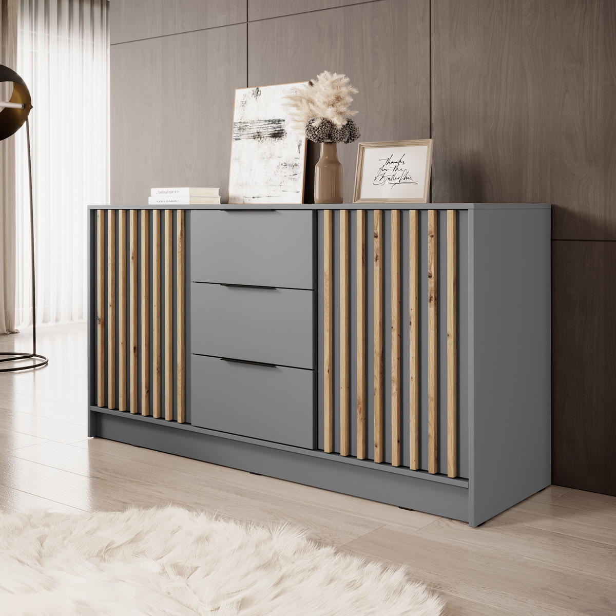 SIDEBOARD NELIANA 155/86/45 cm mit 3 Schubladen 2 Türen Grau - Grau, Holzwerkstoff (155/86/45cm) - MASSENO