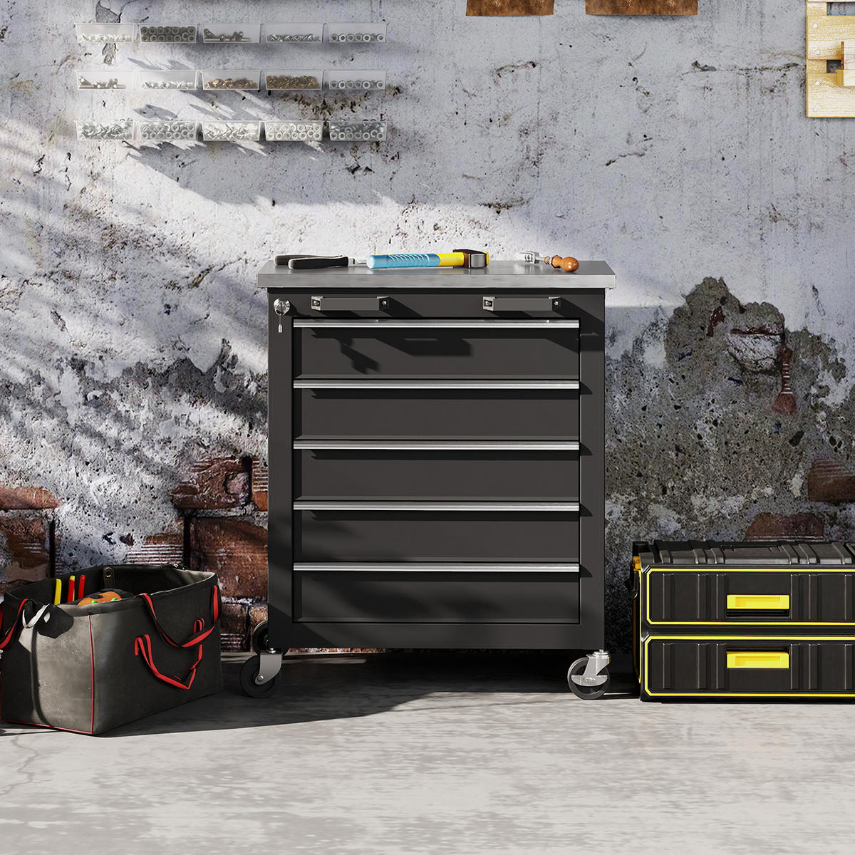 WERKSTATTWAGEN mit 5 Schubladen Werkzeugwagen leer abschließbar Stahl Schwarz - Schwarz, Metall (34.5/76/65.5cm) - HOMCOM