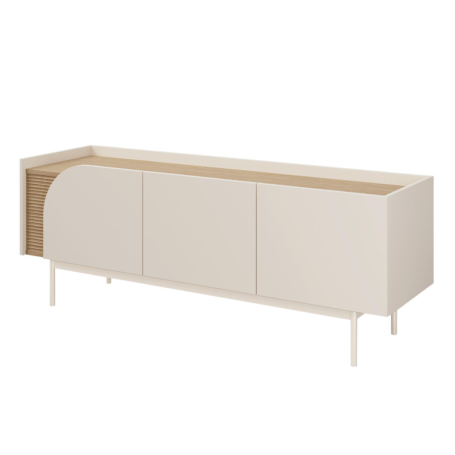 LOWBOARD Camel mit 3 Türen und geriffeltem Detail, 147 cm, Frühlingseiche + Macadamia - Eichefarben/Beige, Holzwerkstoff/Metall (142/54/42cm) - Beautysofa