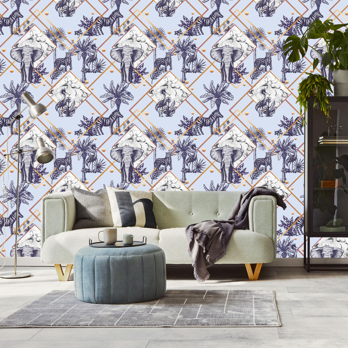 VLIESTAPETE Wildtiere und geometrische Muster – Blau, Goldfarben, Weiß – 50x1000 cm - Blau/Goldfarben, Papier (50/1000cm) - Muralo