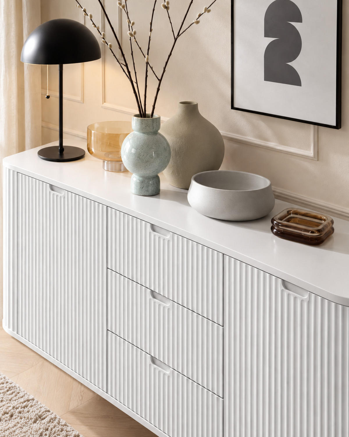 KOMMODE PORTO (Oval, Rillenfront, Weiß Matt, Schwarze Füße) - Schwarz/Weiß, Holz/Holzwerkstoff (168/87/39cm) - Ravio