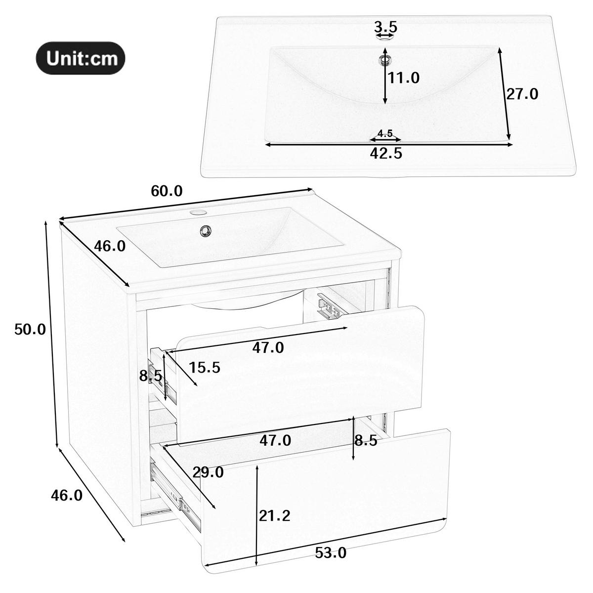 WASCHTISCHKOMBI Badezimmerschrank 60x46x50cm in Weiß mit Radar-Sensor-LED & Keramikbecken - Weiß, Holzwerkstoff (60/50/46cm) - Modfu
