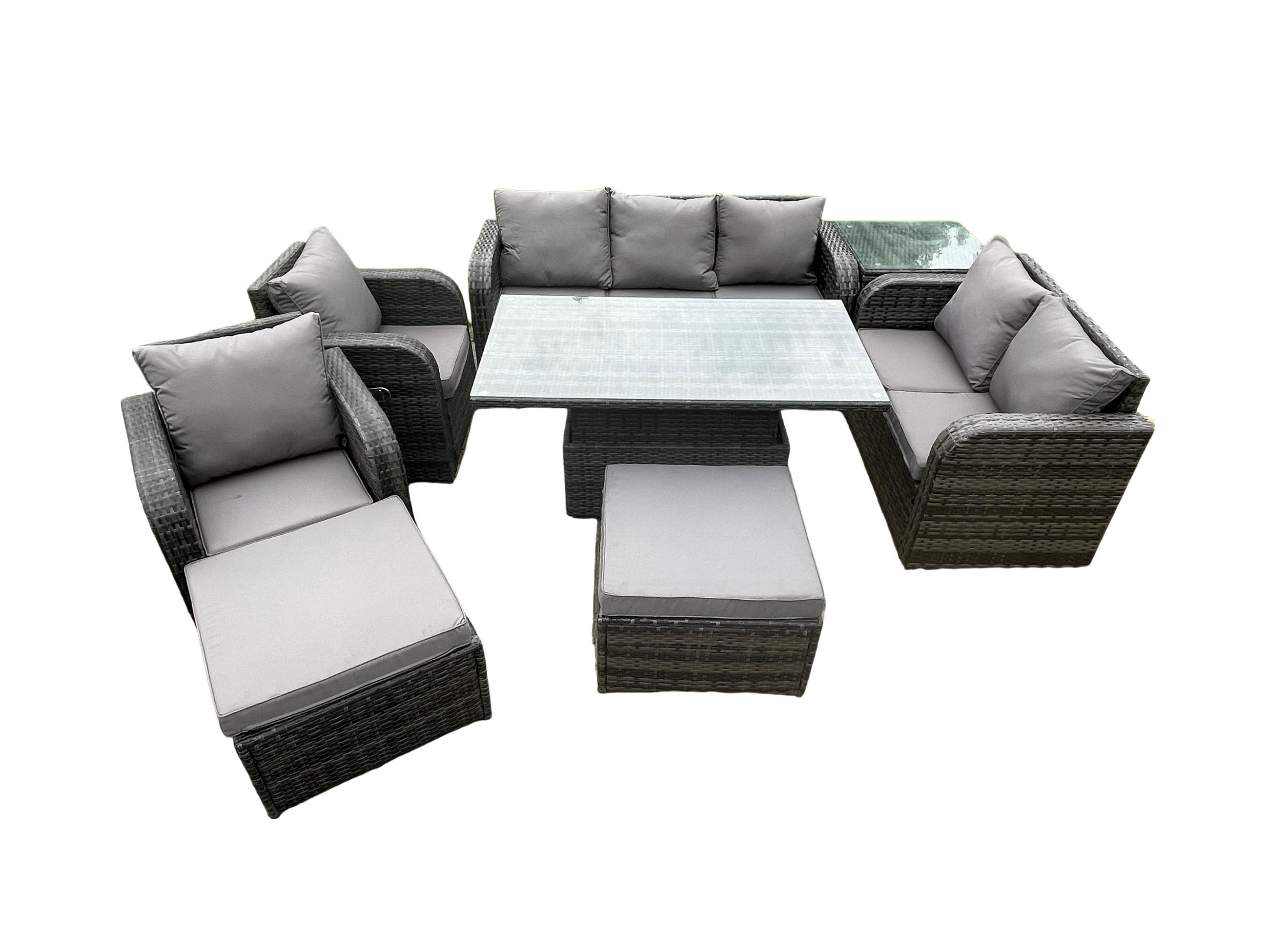 GARTENSET MIT COUCHTISCH BEISTELLTISCH HOCKER Polyrattan Patio 9-Sitzer - Dunkelgrau/Grau, Glas/Kunststoff - Fimous