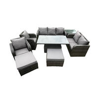 GARTENSET MIT COUCHTISCH BEISTELLTISCH HOCKER Polyrattan Patio 9-Sitzer - Dunkelgrau/Grau, Glas/Kunststoff - Fimous