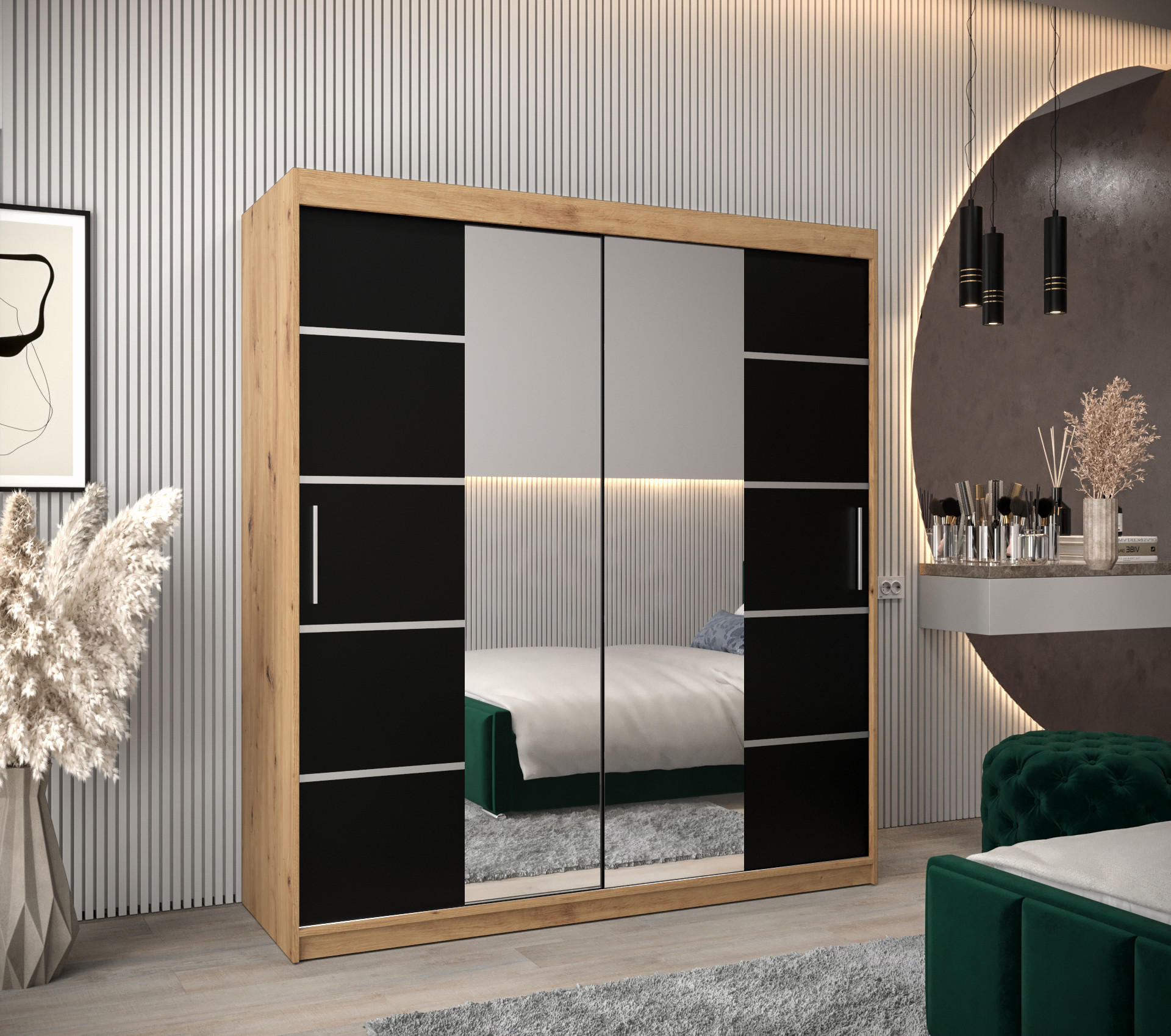 SCHWEBETÜRENSCHRANK 200/180/62 2-türig - Silberfarben/Schwarz, Holz/Kunststoff (180/200/62cm) - Abiks Möbel