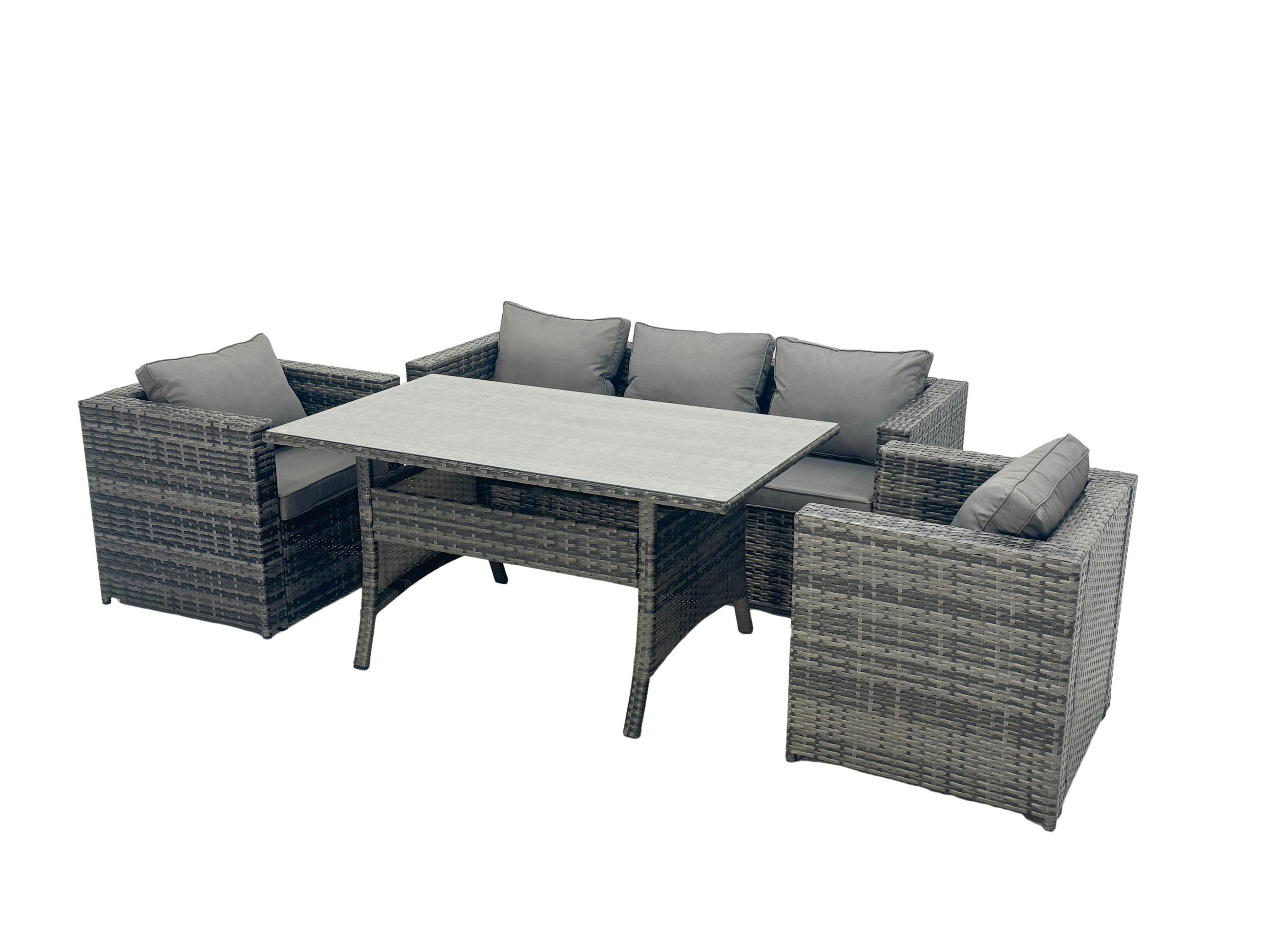 LOUNGEGARNITUR mit Fußschemel Polyrattan Dunkelgrau 5-Sitzer - Dunkelgrau/Grau, Glas/Kunststoff - Fimous