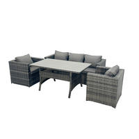 LOUNGEGARNITUR mit Fußschemel Polyrattan Dunkelgrau 5-Sitzer - Dunkelgrau/Grau, Glas/Kunststoff - Fimous