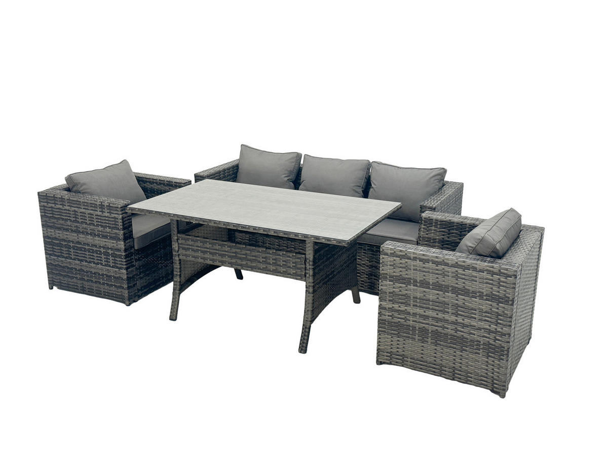 LOUNGEGARNITUR mit Fußschemel Polyrattan Dunkelgrau 5-Sitzer - Dunkelgrau/Grau, Glas/Kunststoff - Fimous