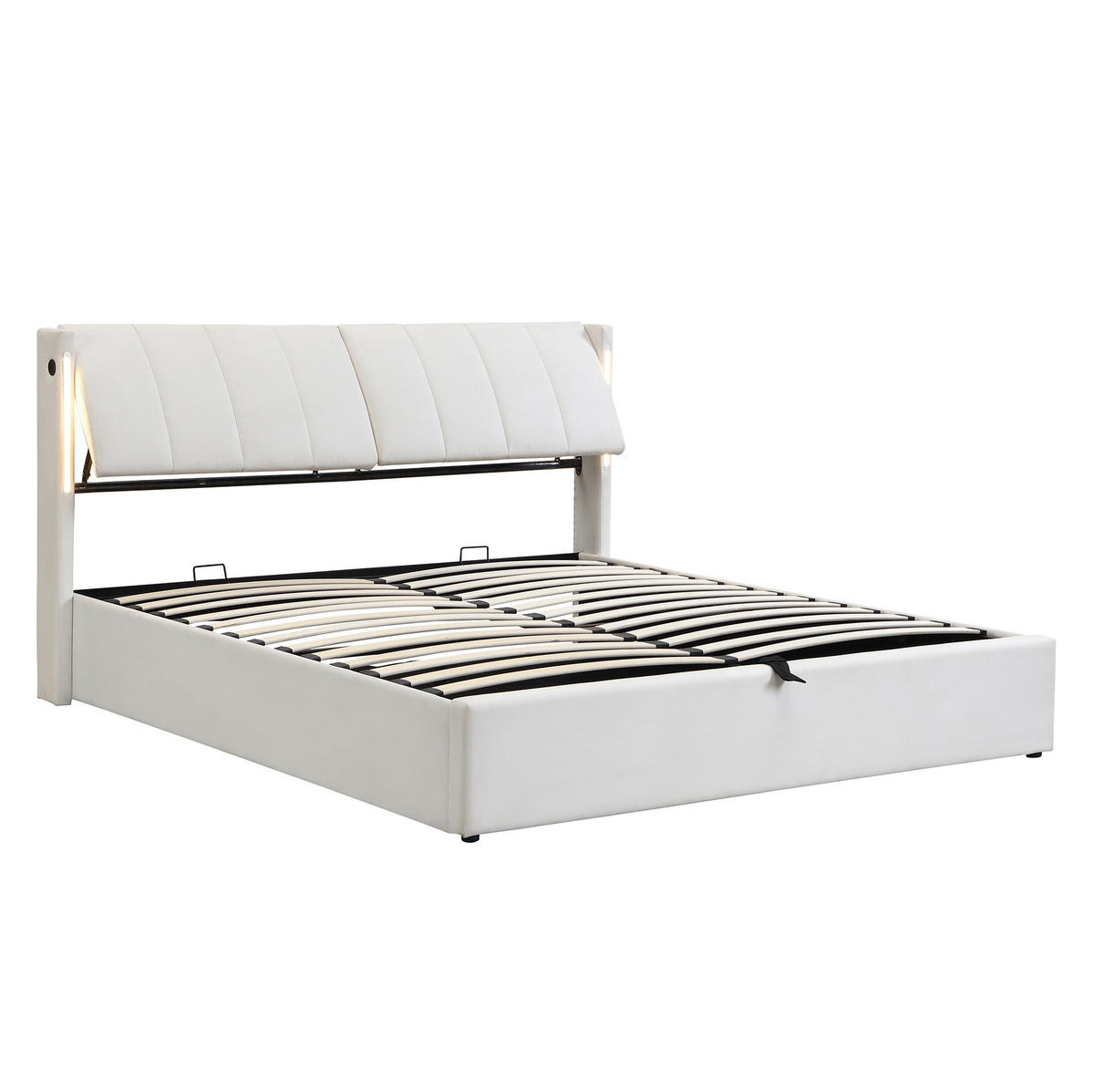 POLSTERBETT 160/200 cm aus PU mit LED-Beleuchtung, USB-Anschluss, Bettkasten und verstellbarem Kopfteil, Weiß - Weiß, Kunststoff (160/200cm) - Redom