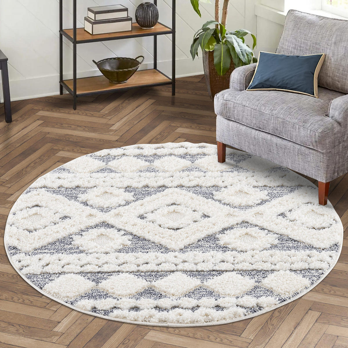 HOCHFLOR-TEPPICH Focus 3005 Grau 160 cm Rund - Creme/Grau, Textil (160/160cm) - carpet city