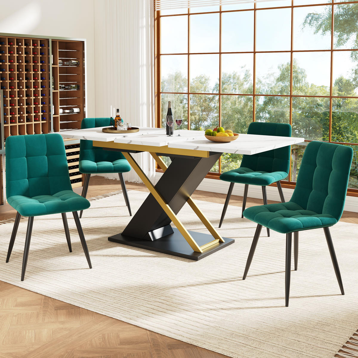 ESSTISCH 120-160x80x75 cm in Weiß Gold Schwarz aus MDF mit Marmoroptik auf schwarzen Kreuzbeinen ausziehbar - Weiß, Holzwerkstoff (160/80/75.4cm) - Modfu