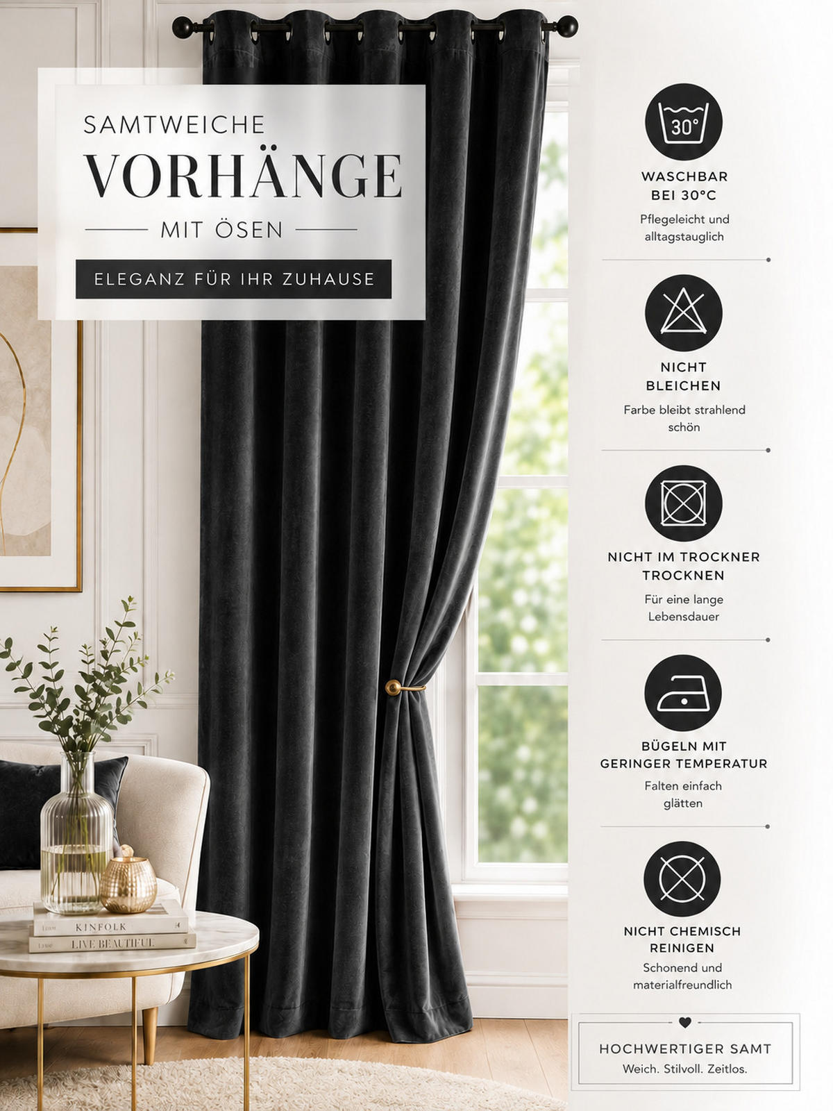 VORHANG Ösen Samt 140/245 cm Schwarz - Schwarz, Textil (140/245/245cm) - TiborTex