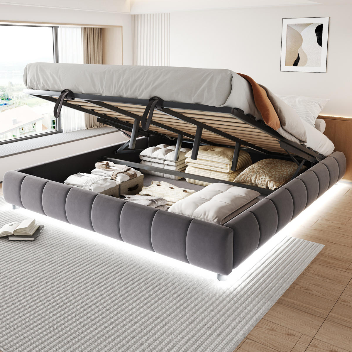 POLSTERBETT 180/200 cm aus Flanell mit LED-Lichtleiste, hydraulischem Stauraum und Metallrahmen, Grau - Grau, Textil (180/200cm) - Redom