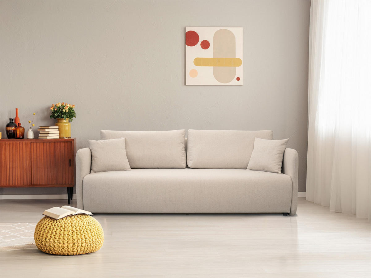 SOFA Anvio hellbeige mit Schlaffunktion - Ecru/Schwarz, Kunststoff/Textil (220/88/100cm) - Selsey