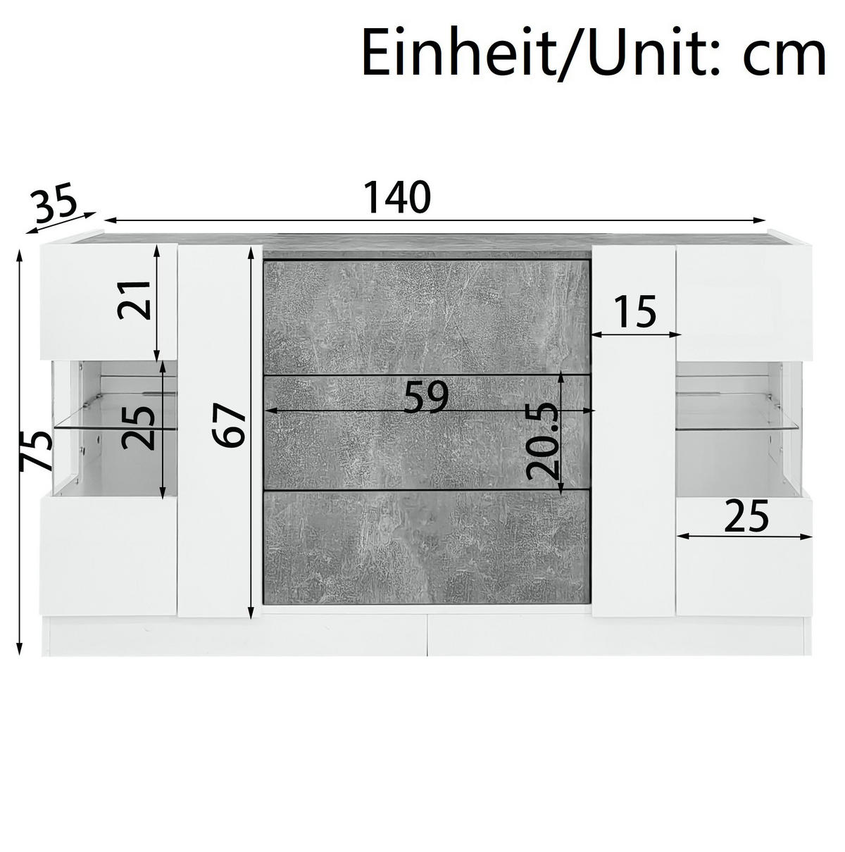 SIDEBOARD mit LED-Beleuchtung 140 x 35 x 75 cm Weiß Marmorlook - Weiß, Glas (140/75/35cm) - Meubliv
